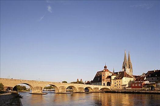 石桥,大教堂,老城,天际线,多瑙河,雷根斯堡