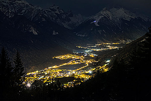 风景,山谷,夜晚,乡村,山,后面,提洛尔,奥地利,欧洲