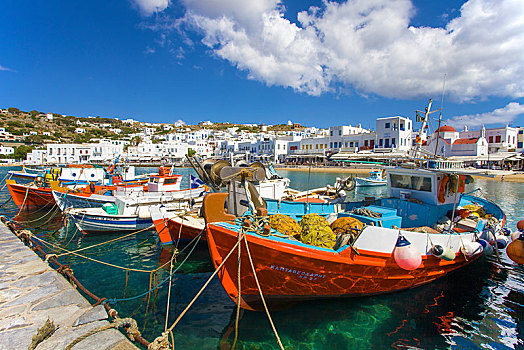 渔船,港口,米克诺斯岛,城市,基克拉迪群岛,爱琴海,希腊,欧洲