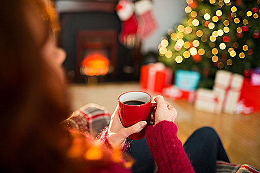 红发,享受,咖啡,扶手椅,圣诞节