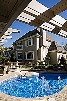 游泳池,风景,后院,住宅,家,棚架,魁北克,加拿大,图像,地产