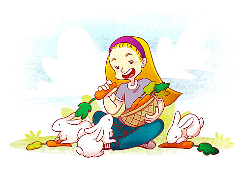 女孩,坐,花园,兔子,拿着,胡萝卜