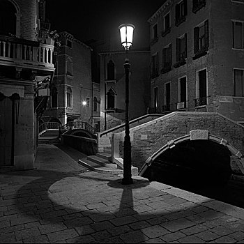 灯,柱子,靠近,桥,威尼斯,夜晚,圆形,影子,意大利