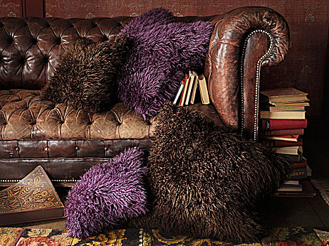 老,皮沙发,装饰,垫子,褐色,紫色