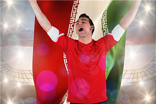 兴奋,球迷,欢呼,拿着,伊朗,旗帜,大,足球场,多云,蓝天