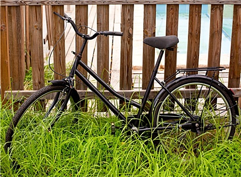 黑色,低劣,自行车,木头,栅栏