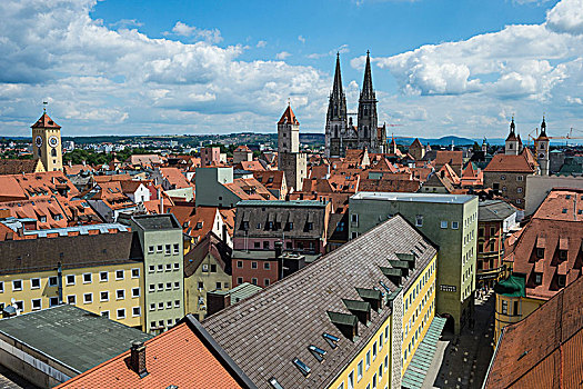 俯瞰,俯视,世界遗产,景象,雷根斯堡,塔,教堂,圣三一教堂,巴伐利亚,德国