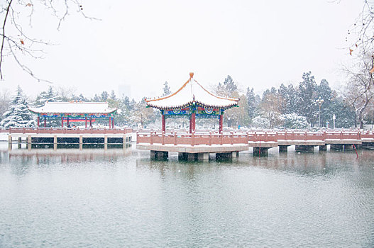 冬季公园的中式建筑景观