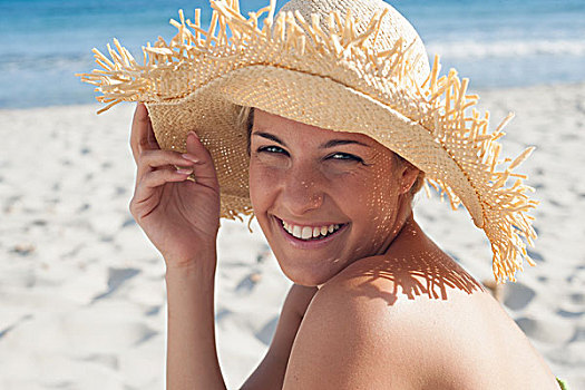 女人,戴着,稻草,帽子,海滩