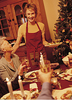 女人,圣诞晚餐,家庭,桌子