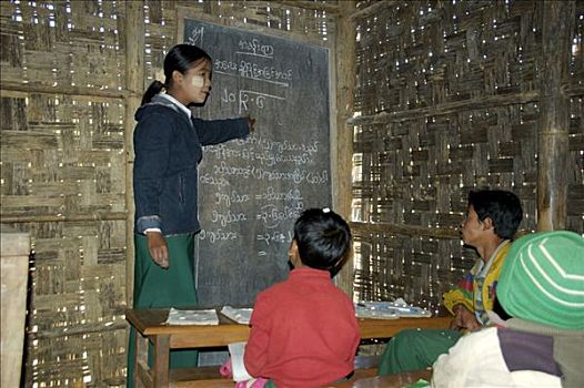 学校,孩子,教师,黑板,学生,竹子,教室,掸邦,缅甸