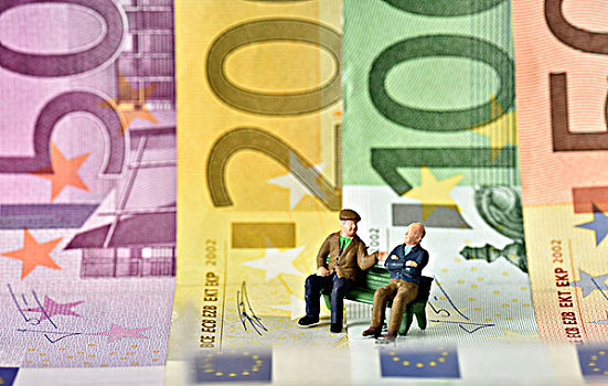 退休老人,长椅,欧元,货币,后面,象征,养老金