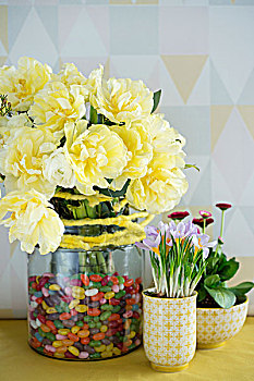 花束,郁金香,玻璃,罐,靠近,紫色,藏红花,雏菊,器具