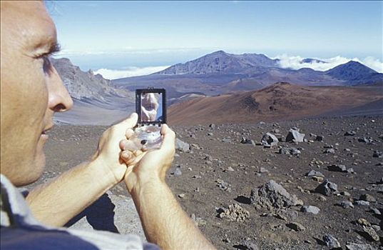 男人,指南针,哈雷阿卡拉火山,公园,美国,夏威夷,毛伊岛