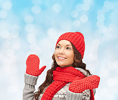 高兴,寒假,圣诞节,人,概念,微笑,少妇,红色,帽子,围巾,连指手套,上方,蓝色,背景