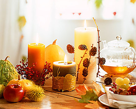秋天,冬天,桌饰,蜡烛,茶