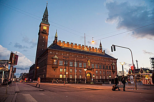 丹麦,城市,广场,黄昏,哥本哈根