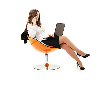 职业女性,椅子,笔记本电脑,电话,上方,白色
