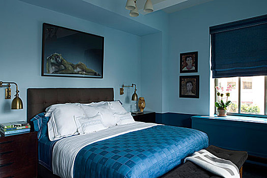 双人床,软垫,床头板,传统风格,蓝色,卧室