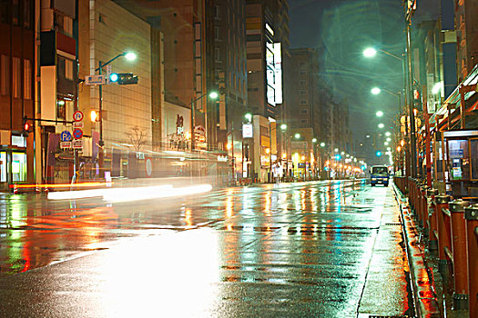 湿,城市街道,路灯,夜晚,东京,日本