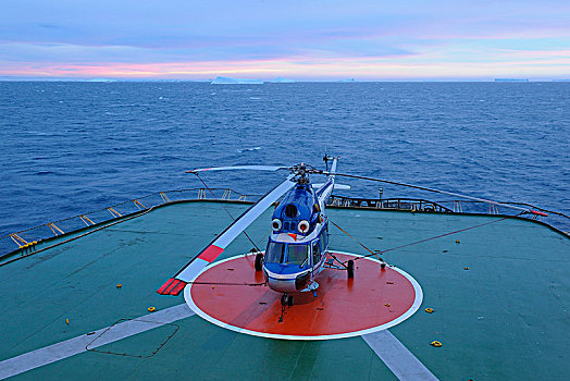 直升飞机,甲板,破冰船,游船,雪丘岛,威德尔海,日出,南极半岛,南极