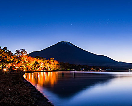 灯光,向上,山,富士山,湖,秋天