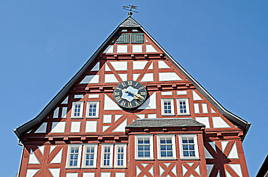 历史,半木结构,房子,钟表,山墙,市政厅,卡塞尔,黑森州,德国,欧洲