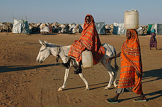 女人,水,联合国儿童基金会,露营,人,近郊,林羚,南方,达尔富尔,苏丹,十一月,2004年