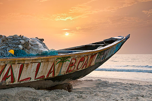 渔船,日落,海滩,冈比亚