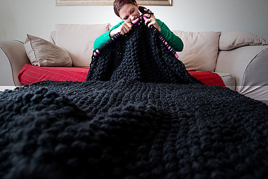 女人,编织品,毯子,大,织针