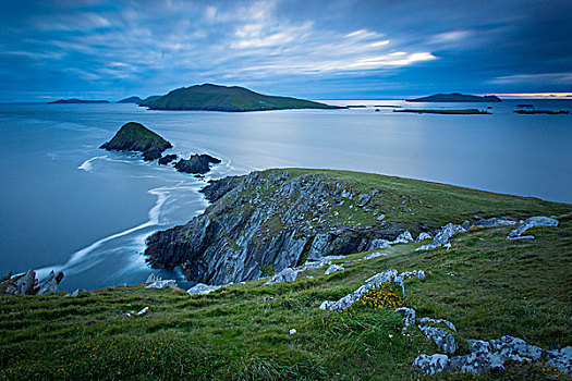 黃昏,上方,头部,岛屿,丁格尔半岛,凯瑞郡,爱尔兰