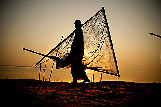 剪影,一个,男人,抓住,鱼,孟加拉,二月,2009年
