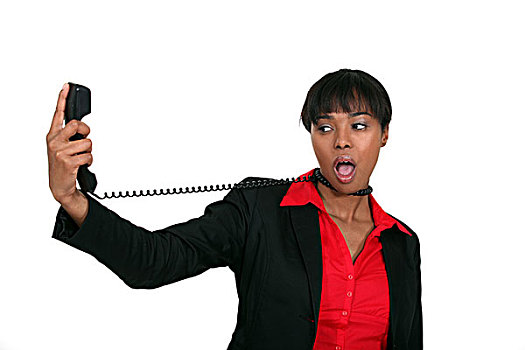 美国黑人,职业女性,尝试,悬挂,电话,线缆