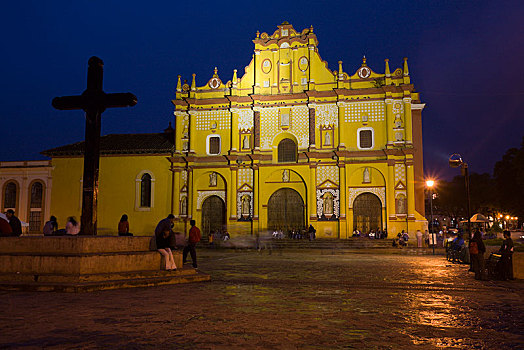 大教堂,夜晚,圣克里斯托瓦尔,房子,恰帕斯,墨西哥,中美洲