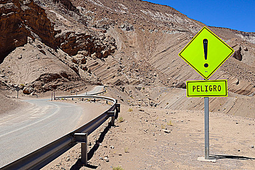 警告标识,正面,弯曲,靠近,佩特罗,阿塔卡马沙漠,区域,安托法加斯塔,智利,南美