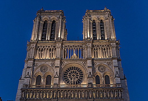 法国,巴黎,独立日,地区,正面,巴黎圣母院,夜晚