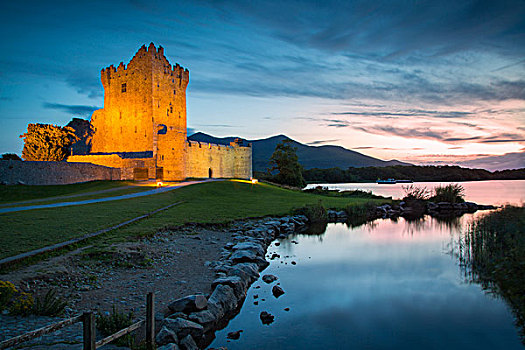 黎明,上方,城堡,15世纪,湖,靠近,凯瑞郡,爱尔兰