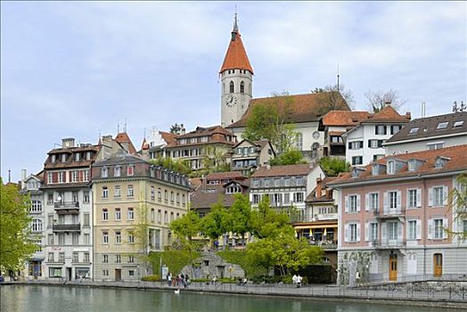 河,码头,城镇,教堂,背影,瑞士,欧洲