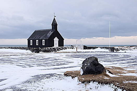 黑色,教堂,冬天,后背,斯奈山半岛,山