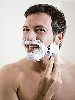 男人,微笑,脸,剃须膏,头像,剃刀