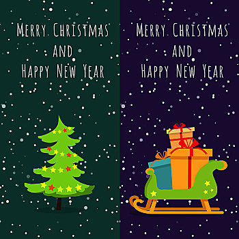 圣诞快乐,新年快乐,两个,象征,插画,隔绝,圣诞树,常青树,装饰,玩具,木质,雪撬,许多,盒子,礼物,卡通,设计,矢量