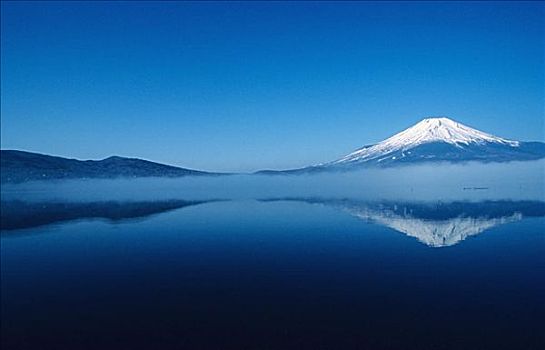 日本,富士山,湖,模糊,反射,积雪,山