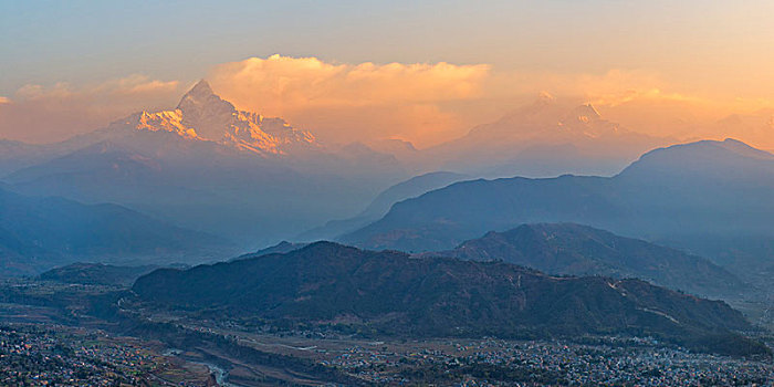 早晨,风景,上方,神圣,顶峰,波卡拉,尼泊尔,亚洲