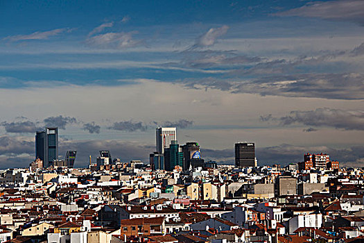 西班牙,马德里,区域,俯视图,写字楼,北方,早晨