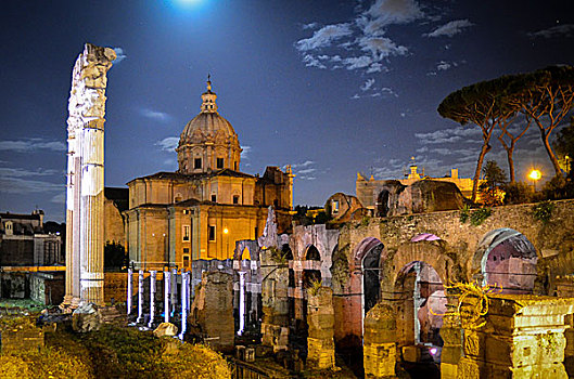 古罗马广场,罗马,意大利,教堂,夜晚