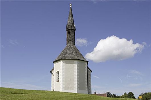 教堂,小教堂,靠近,霍尔兹凯尔琛,蓝色,白色,巴伐利亚,天空,高地,德国,欧洲
