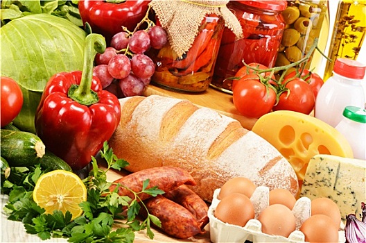 种类,食物杂货,商品,蔬菜,水果,葡萄酒,面包