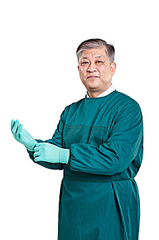 老,亚洲人,男人,医生,绿色,手术衣,手套