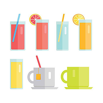 收集,玻璃杯,杯子,矢量,设计,可爱,夏日饮料,概念,酒精饮料,水,果汁,茶,插画,象征,标签,标识,菜单,隔绝,白色背景