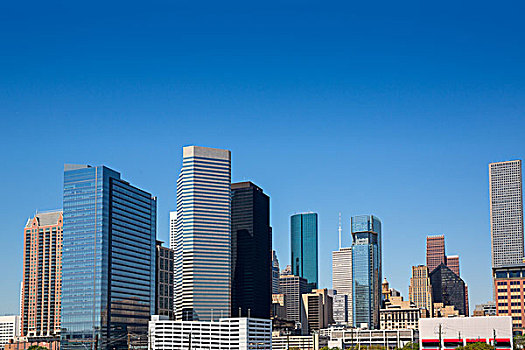 休斯顿,德克萨斯,市区,摩天大楼,天际线,蓝色背景,天空,白天